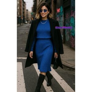 Vintage 80's Mathias Sweater Skirt Set Blue Ribbed Metallic Parisian Chic Glam
